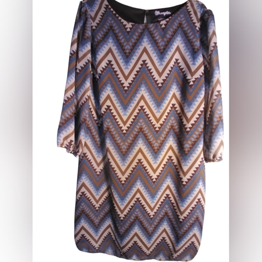 Wrangler Long Sleeve Chevron Dress - Blue, Brown, Cream M Puff Sleeve Aztec Boho